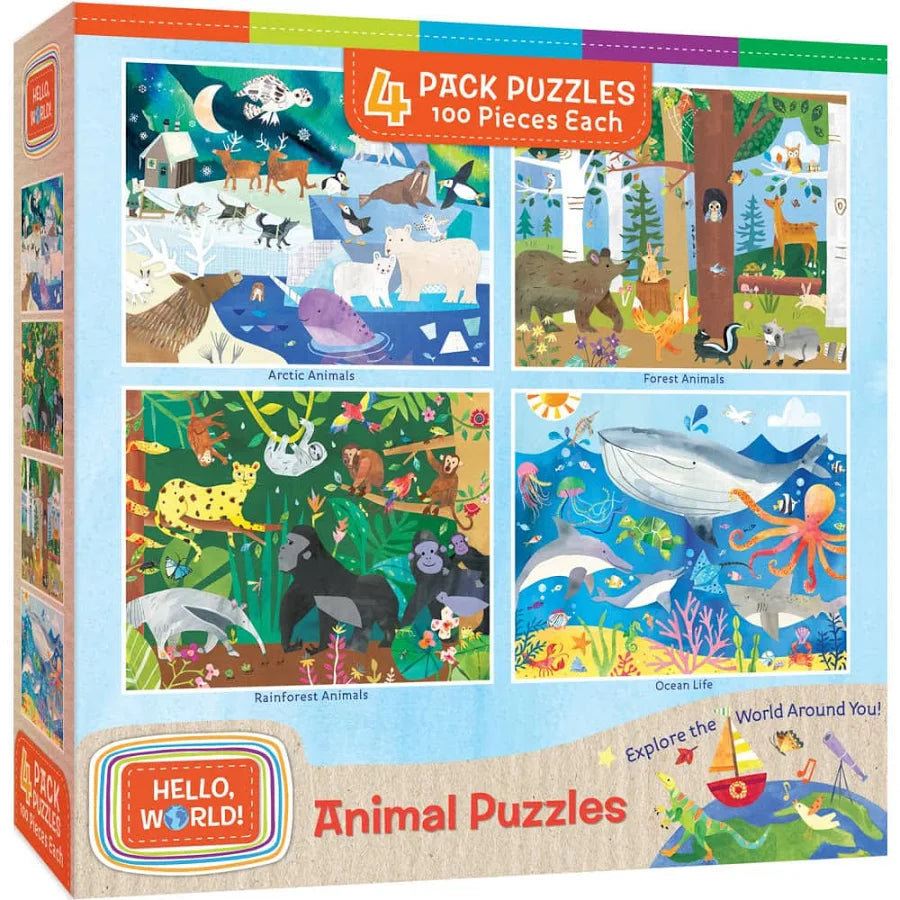 Hello, World! 100 Piece Jigsaw Puzzles 4-Pack Animals